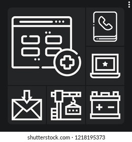 Set of 6 mobile outline icons such as phonebook, battery, crane, inbox, website