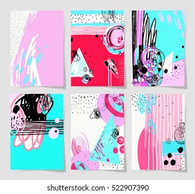 set of 6 modern abstract digital contemporary painting A4 format in trendy hipster style to poster, greeting card design, printable wall art, home decor, flyer, brochure, sticker, vector illustration