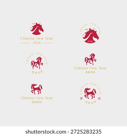 Ein Satz von 6 modernen und eleganten Logo-Designs für das chinesische Neujahr des Feuerpferdes 2026. Mit roten Pferd Silhouetten mit goldenen Akzenten und Gong Xi Fa Cai Kalligrafie. Vektorgrafik für Grußkarten und Branding