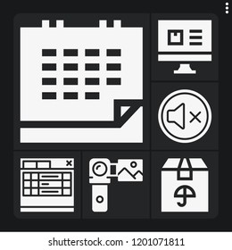 Set of 6 modern filled icons such as mute, camcorder, tabs, calendar, computer