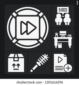 Set of 6 modern filled icons such as fast forward, playlist, conversation, desk, package