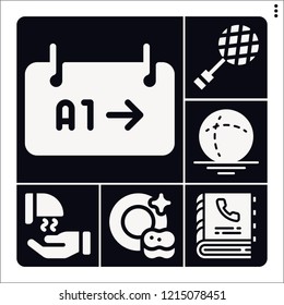 Set of 6 modern filled icons such as phonebook, sphere, hand dryer, dish, gate