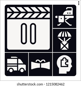 Set of 6 modern filled icons such as pause, package, van, scroll, head