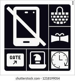 Set of 6 modern filled icons such as clock, gate, no phone, laptop, basket