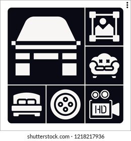 Set of 6 modern filled icons such as video camera, image, sofa, bed, car