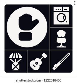 Set of 6 modern filled icons such as package, button, light saber, washing machine, mannequin
