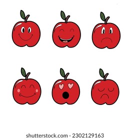 Set of 6 modern flat emoticons: cute cartoon red apple with different emotions.