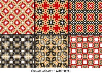 Set Of 6 Modern Geometric Stylish Texture. Vector Seamless Pattern. Print Cloth, Clothes, Banner, Cover, Card, Shirt, Website, Wrapper