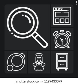 Set of 6 modern outline icons such as landing page, clocks, search, angel, cabinet