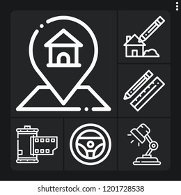Set of 6 modern outline icons such as gps, lamp, steering wheel, design, project