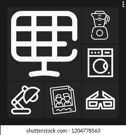 Set of 6 modern outline icons such as solar panels, desk lamp, washing machine, memories, blender