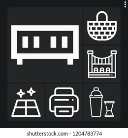Set of 6 modern outline icons such as cocktail shaker, bridge, floor, printer, basket