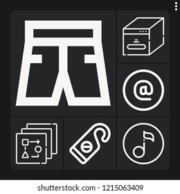 Set of 6 modern outline icons such as quaver, flow, at, cube, doorknob