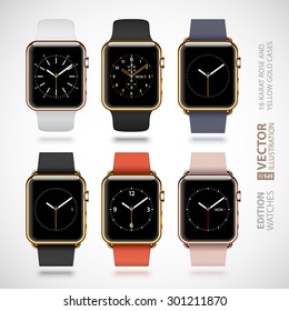 Set of 6 modern shiny golden smart watches with soft modern buckle bracelets and sport bands isolated on white background. RGB EPS 10 vector illustration