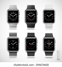 Set of 6 modern shiny smart watches with steel, leather, chain, plastic bracelets and digital clock face isolated on white background. RGB EPS 10 vector illustration svg