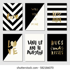 A set of 6 modern and stylish greeting card templates in black, white and gold.