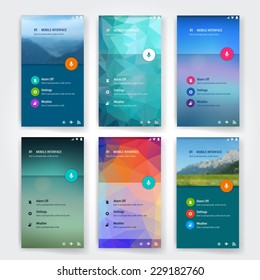 Set Of 6 Modern User Interface (ux, Ui) Screen Template For Mobile Smart Phone Or Web Site. Transparent Blurred Material Design Ui With Icons.