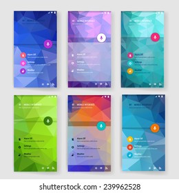 Set of 6 modern user interface (ux, ui) screen template for mobile smart phone or web site. Transparent blurred material design ui with icons. 