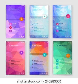 Set of 6 modern user interface (ux, ui) screen template for mobile smart phone or web site. Transparent blurred material design ui with icons. 