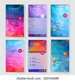 Set Of 6 Modern User Interface (ux, Ui) Screen Template For Mobile Smart Phone Or Web Site. Transparent Blurred Material Design Ui With Icons.