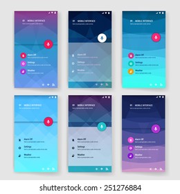 Conjunto de 6 modernas plantillas de pantalla de interfaz de usuario (ux, ui) para teléfonos inteligentes móviles o sitios web. Diseño transparente de material borroso con iconos.