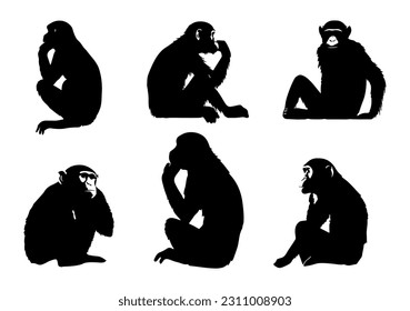 A set of 6 Monkeys silhouette sitting pose and thinking pose