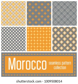 Set of 6 Morocco patterns background. Geometric seamless muslim ornament backdrop. Vector illustration of islamic texture in arabic style for Textile Design, Wallpaper, Surface Design, Wrapping Paper