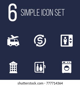 Set Of 6 Motel Icons Set.Collection Of Lift, Currency, Chiller And Other Elements.