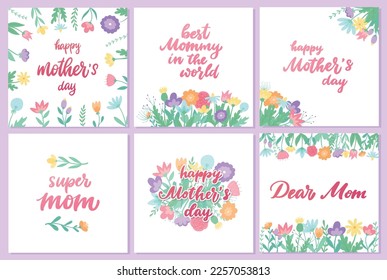 Set of 6 Mother's day greeting cards, posters, prints, banners, invitations decorated with spring wildflowers. Women's day, spring, easter theme templates. EPS 10