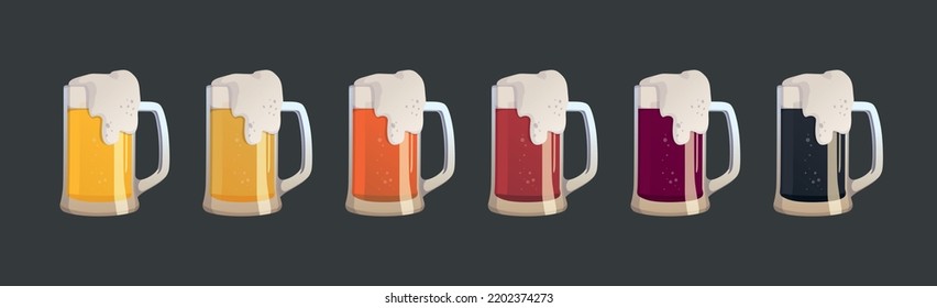 Set of 6 mugs of different types of beer - Vector illustration