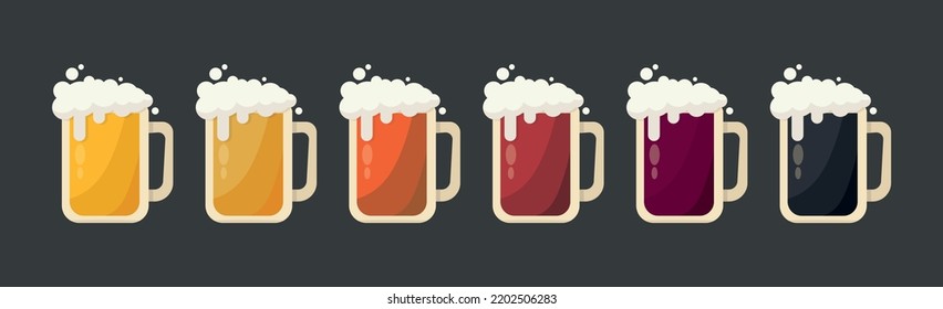 Set of 6 mugs of different types of beer - Vector illustration