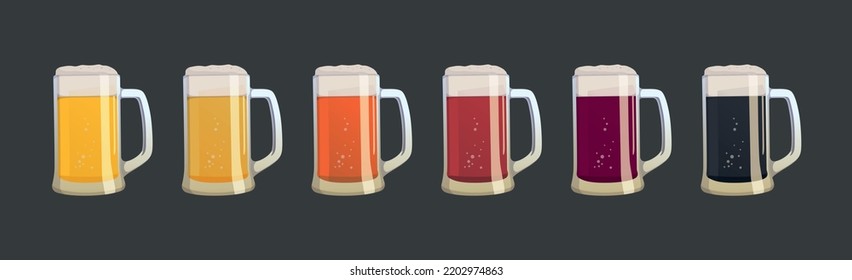 Set of 6 mugs of different types of beer - Vector illustration