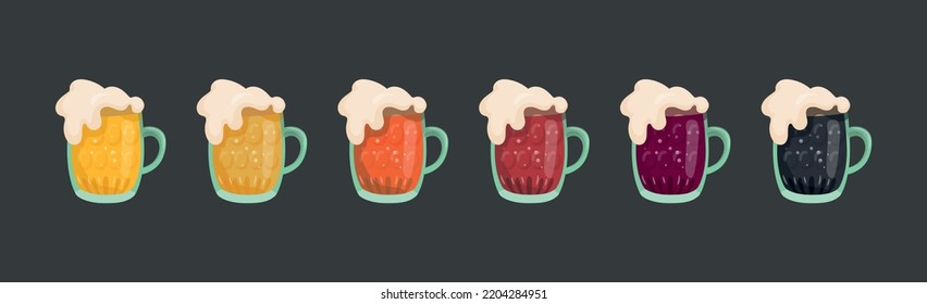 Conjunto de 6 tazas de diferentes tipos de cerveza - Ilustración vectorial