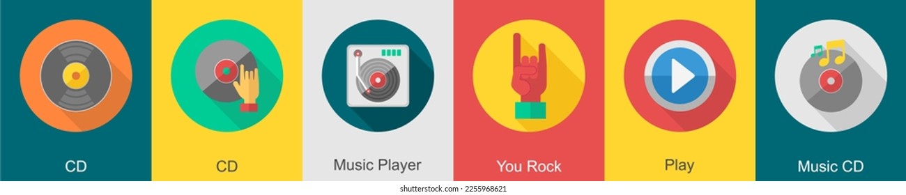 A set of 6 music icons as cd, music player, you rock