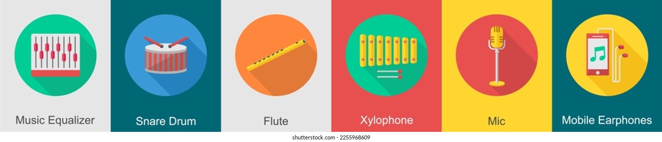 A set of 6 music icons as music equalizer, snare drum, flute