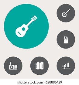 Set Of 6 Music Icons Set.Collection Of Acoustic, Banjo, Radio And Other Elements.