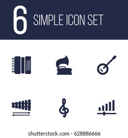 Set Of 6 Music Icons Set.Collection Of Knob, Percussion, Harmonica And Other Elements.