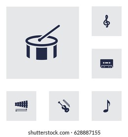 Set Of 6 Music Icons Set.Collection Of Percussion, Quaver, Tape And Other Elements.