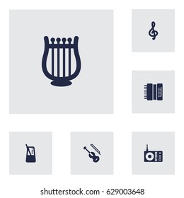 Set Of 6 Music Icons Set.Collection Of Lyre, Quaver, Harmonica And Other Elements.