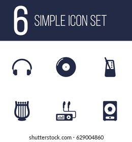 Set Of 6 Music Icons Set.Collection Of Earphones, Retro Disc, Rhythm Motion And Other Elements.