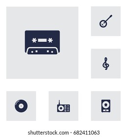 Set Of 6 Music Icons Set.Collection Of Retro Disc, Tape, Banjo And Other Elements.