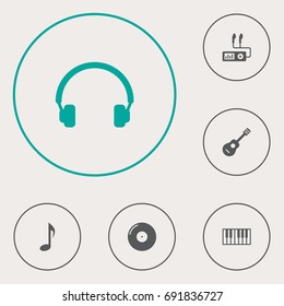 Set Of 6 Music Icons Set.Collection Of Octave Keyboard, Tone Symbol, Audio Device And Other Elements.