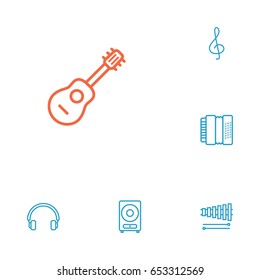Set Of 6 Music Outline Icons Set.Collection Of Acoustic, Headphones, Loudspeaker And Other Elements.