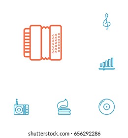 Set Of 6 Music Outline Icons Set.Collection Of Gramophone, Station, Note And Other Elements.
