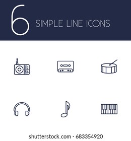 Set Of 6 Music Outline Icons Set.Collection Of Station, Percussion, Musical Sign And Other Elements.