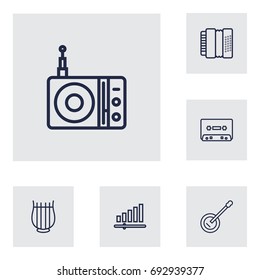 Set Of 6 Music Outline Icons Set.Collection Of Audio Level, Record, Harmonica And Other Elements.