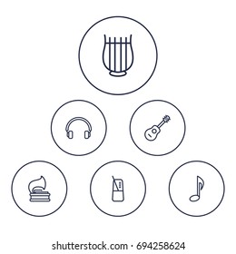 Set Of 6 Music Outline Icons Set.Collection Of Acoustic, Vinyl, Musical Sign And Other Elements.