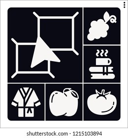 Set of 6 natural filled icons such as layers, apple, tomato, bathrobe, coffee