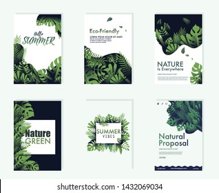 Set of 6 Natural foral tropical leaves backgrounds in modern style for wallpaper,background,poster template-Green and dark tone summer wallpaper style