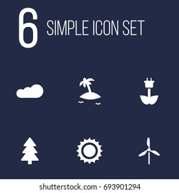 Set Of 6 Natural Icons Set.Collection Of Solar, Overcast, Isle Beach And Other Elements.